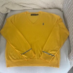 Polo by Ralph Lauren Woman’s Yellow V-Neck Sweater with Blue Accents.